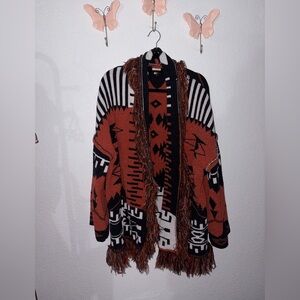 Tribal Patterned Cardigan with Fringe